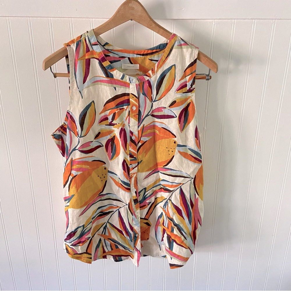 C & C California Med 100% Linen Sleeveless Button Up Shirt Tropical Boho Beach